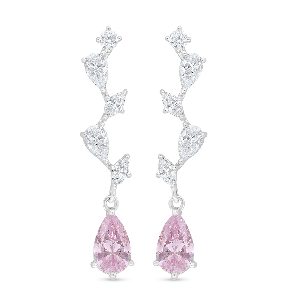 Sterling Silver 925 Earring Rhodium Plated Embedded With Pink Zircon And White Zircon