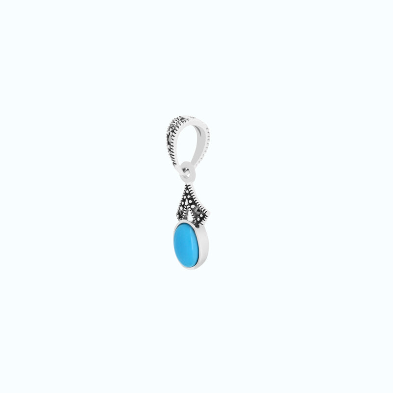 Sterling Silver 925 Pendant Embedded With Natural Processed Turquoise And Marcasite Stones