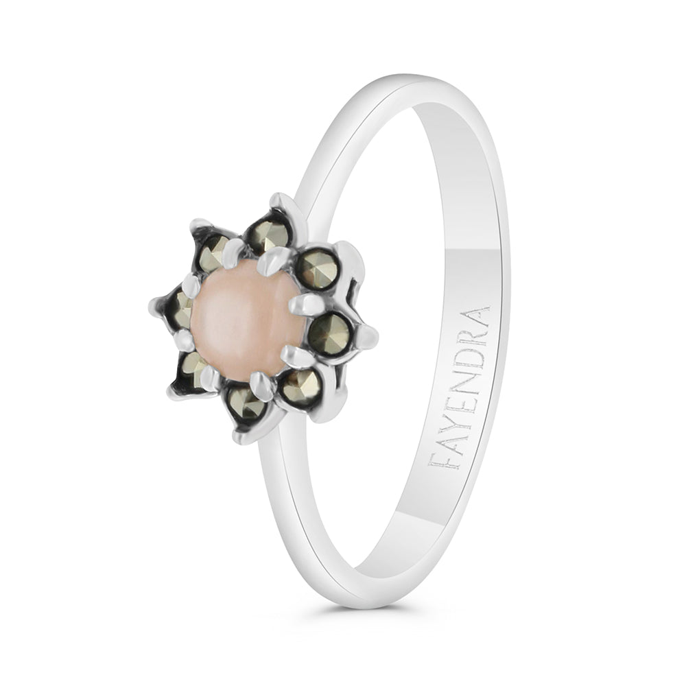 Sterling Silver 925 Ring Embedded With Natural Pink Shell And Marcasite Stones