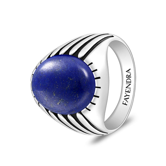 خاتم رجالي من الفضة الخالصة عيار925 مطلي روديوم و اسود مرصع حجر لابيس كابشون