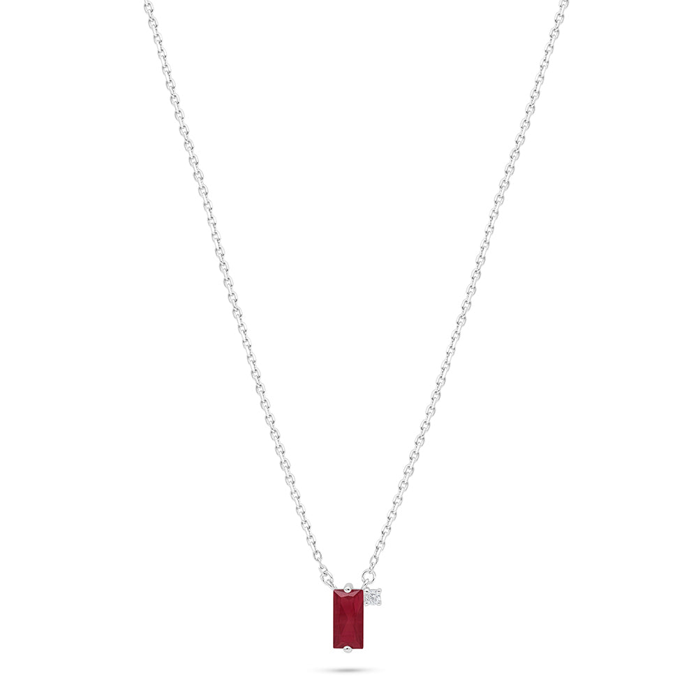 Sterling Silver 925 Necklace Rhodium Plated Embedded With Ruby Corundum And White Zircon
