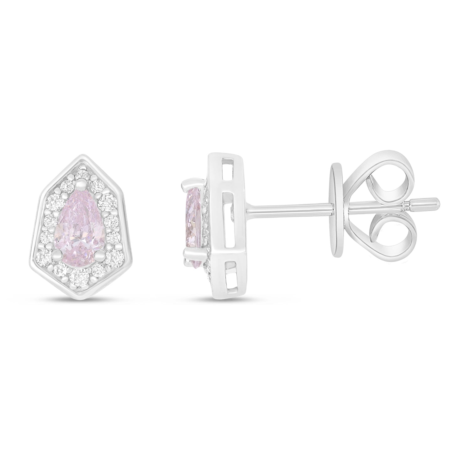 Sterling Silver 925 Earring Rhodium Plated Embedded With Pink Zircon And White Zircon