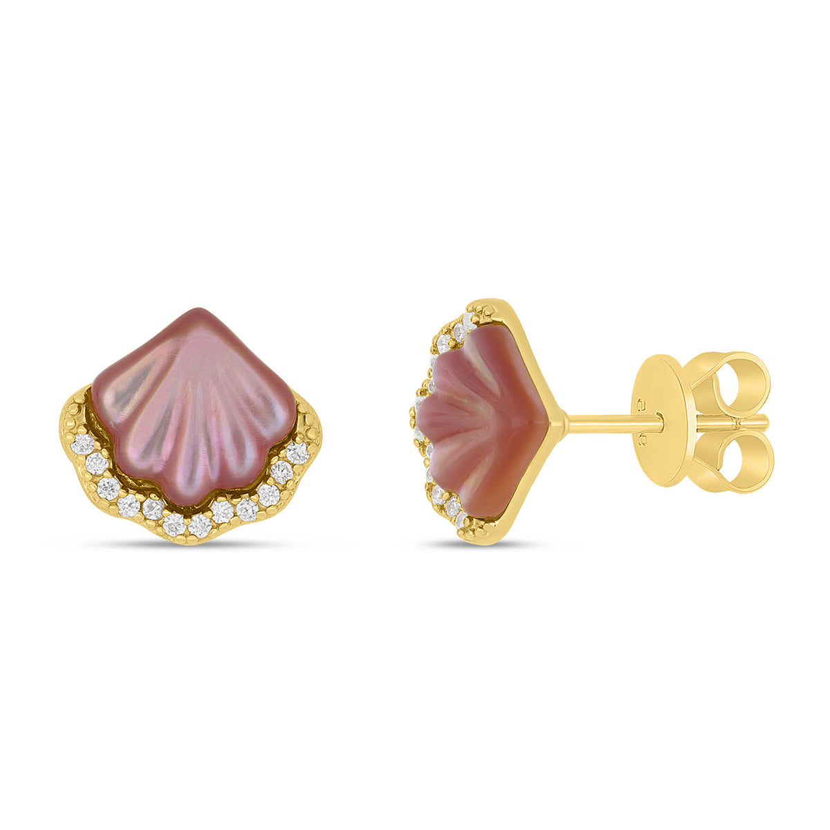Sterling Silver 925 Earring Golden Plated Embedded With Pink Shell And White Zircon