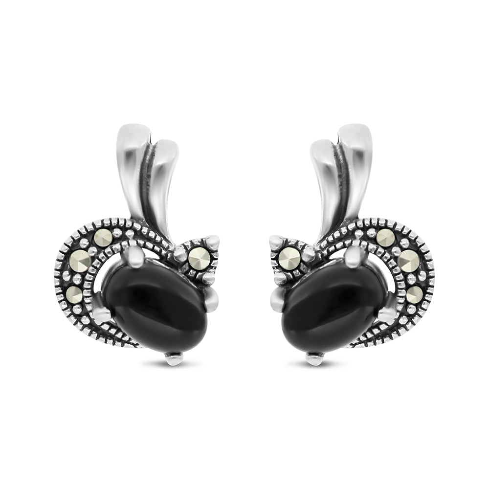 Sterling Silver 925 Earring Embedded With Natural Black Agate And Marcasite Stones