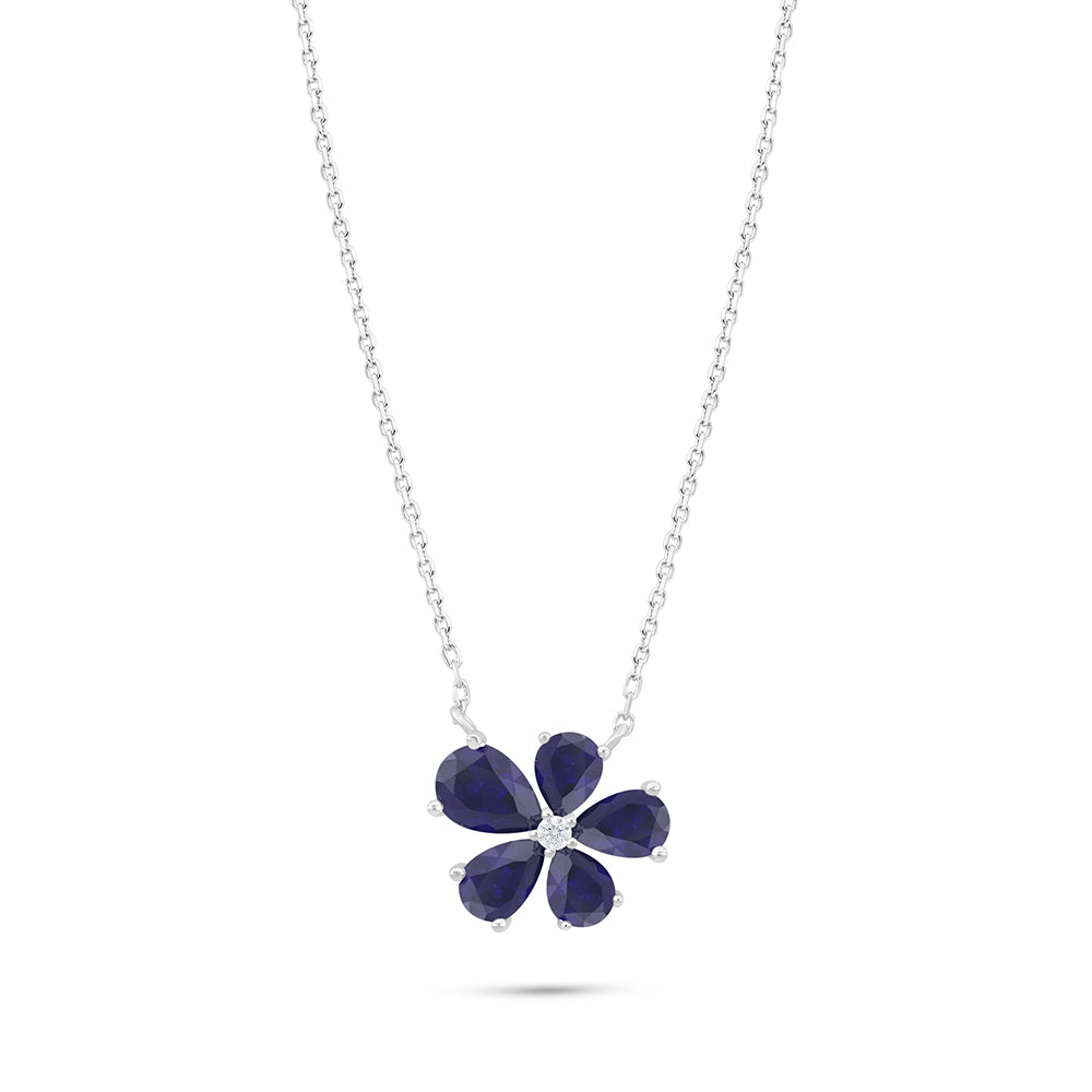 Sterling Silver 925 Necklace Rhodium Plated Embedded With Sapphire Corundum And White Zircon