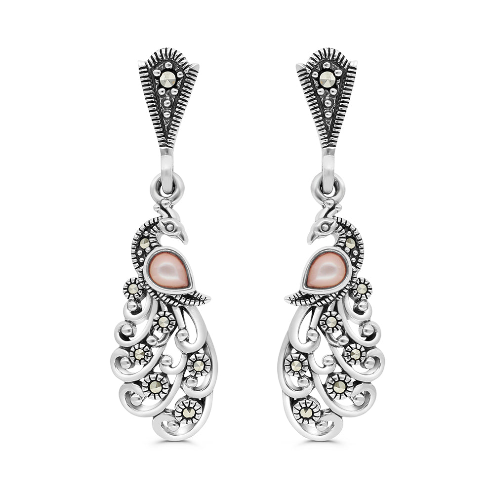 اقراط من الفضة الخالصة عيار 925 مرصعه احجار صدف وردي طبيعي و ماركسايت