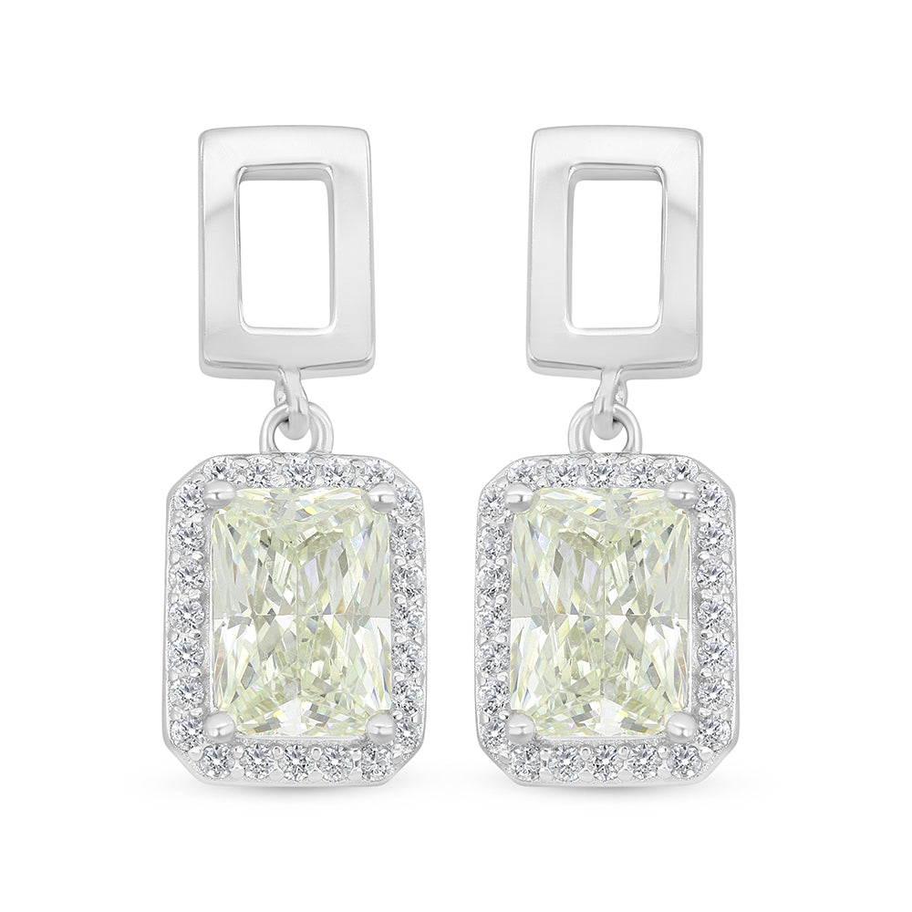 Sterling Silver 925 Earring Rhodium Plated Embedded With Yellow Diamond And White Zircon