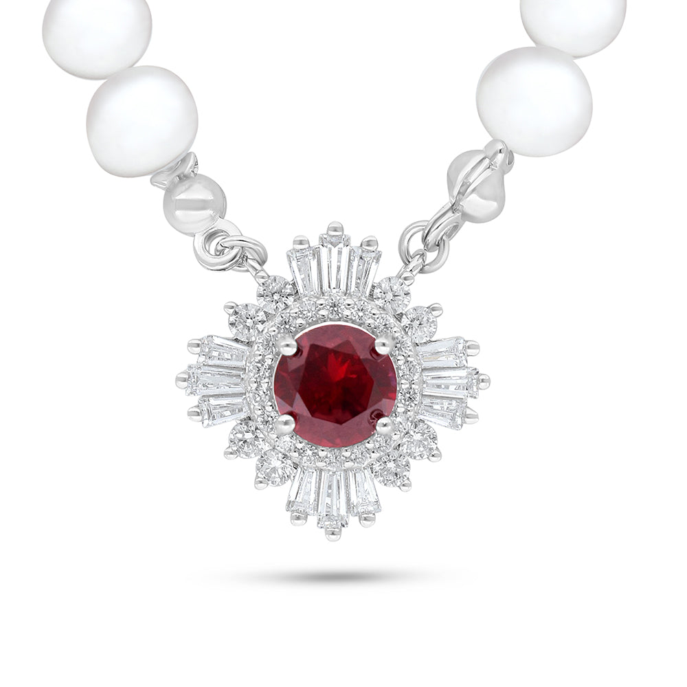 Sterling Silver 925 Necklace Rhodium Plated Embedded With Natural White Pearl, Ruby Corundum And White Zircon