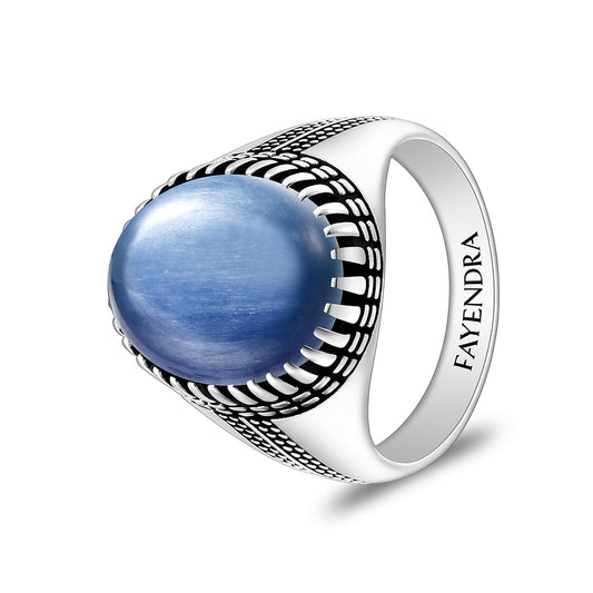 خاتم رجالي من الفضة الخالصة عيار 925 مطلي روديوم و اسود مرصع كيانيت طبيعي كابشون