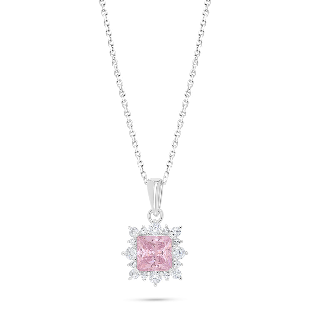 Sterling Silver 925 Necklace Rhodium Plated Embedded With pink Zircon And White Zircon