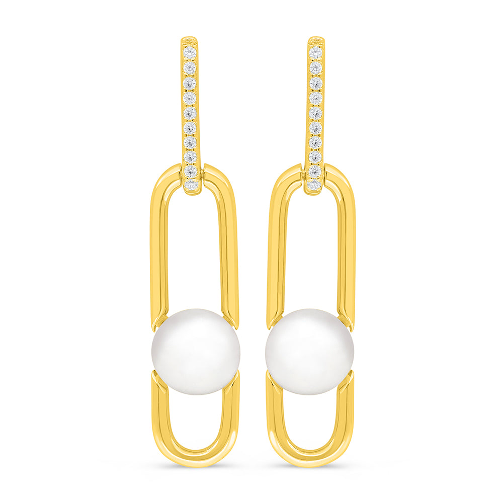 Sterling Silver 925 Earring Golden Plated Embedded With Natural White Pearl And White Zircon