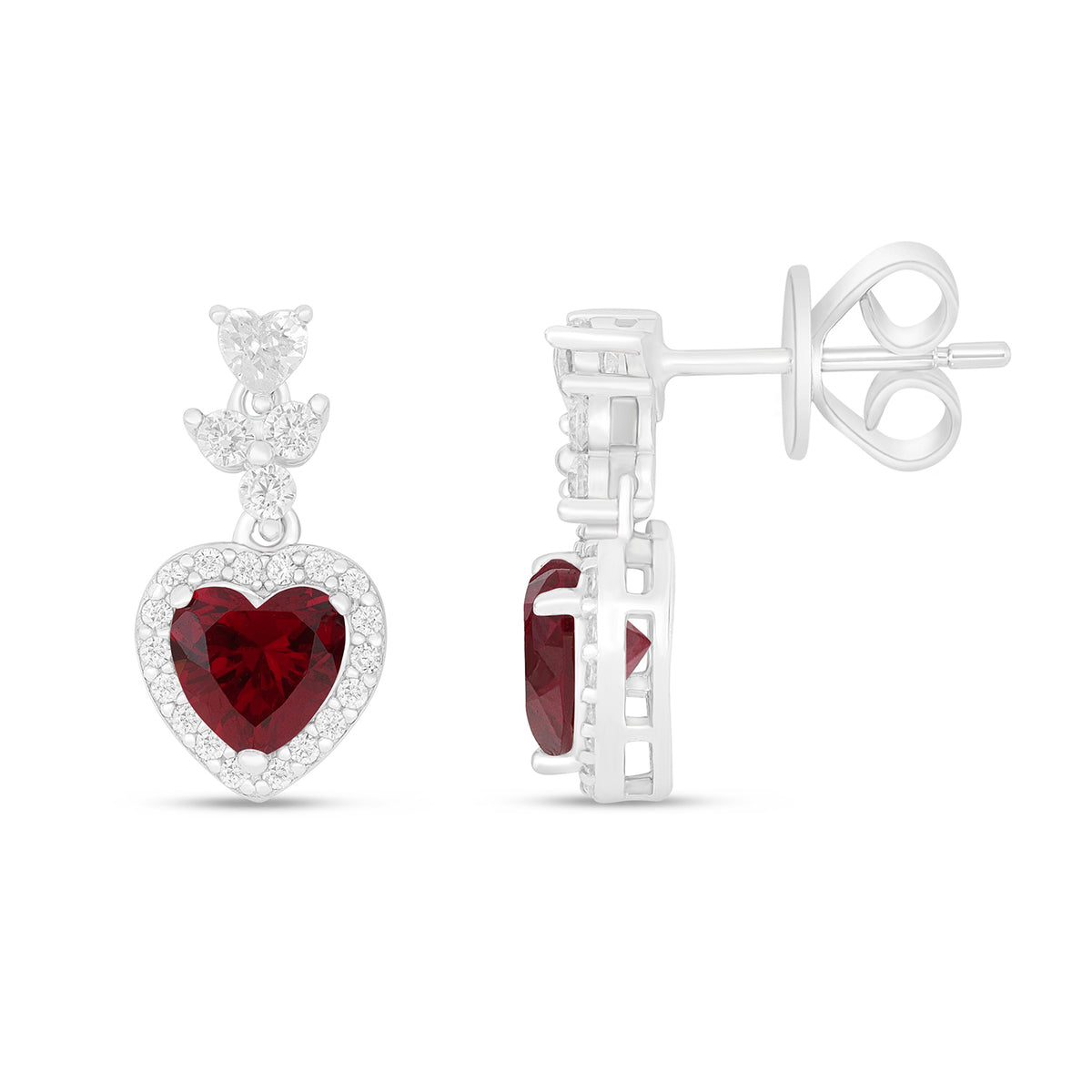 Sterling Silver 925 Earring Rhodium Plated Embedded With Ruby Corundum And White Zircon