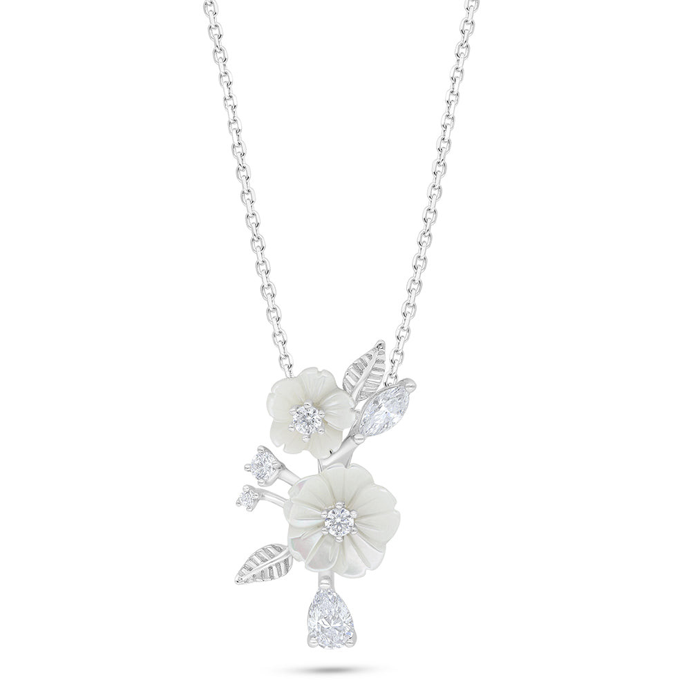Sterling Silver 925 Necklace Rhodium Plated Embedded With White Shell And White Zircon