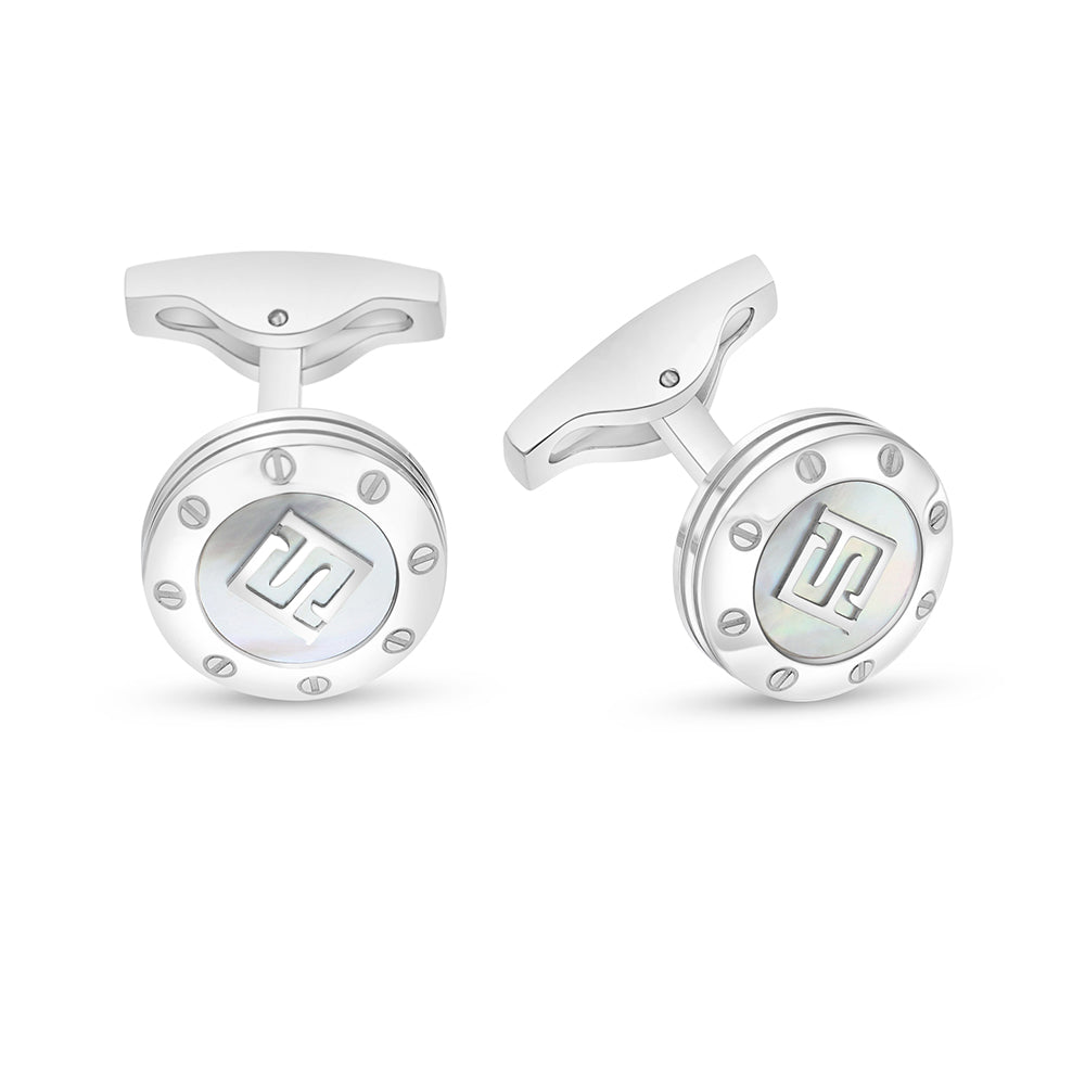 Stainless Steel Cufflink 316L Embedded With White Shell Shiny Steel
