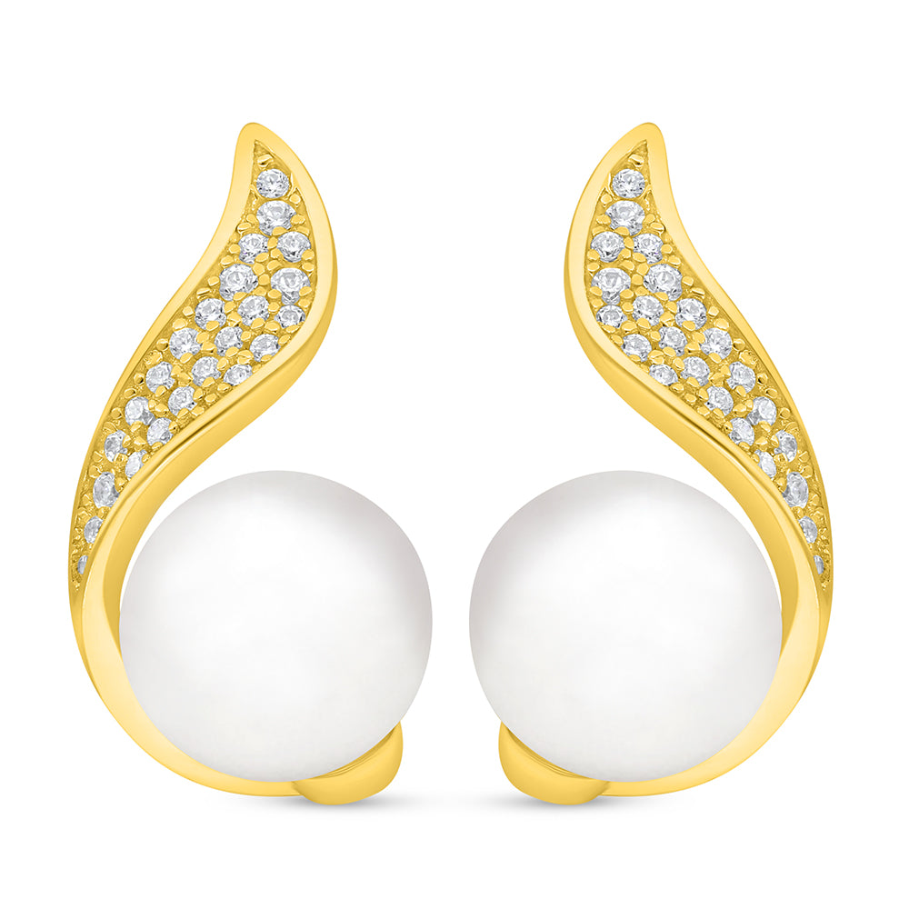 اقراط من الفضة الخالصة عيار 925 مطلية ذهبي مرصعة لولو ابيض طبيعي و فص ابيض