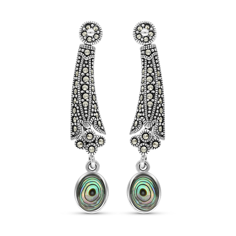 Sterling Silver 925 Earring Embedded With Natural Blue Shell And Marcasite Stones
