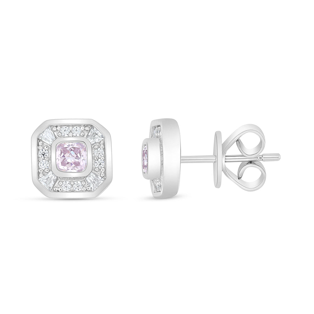 Sterling Silver 925 Earring Rhodium Plated Embedded With Pink Zircon And White Zircon