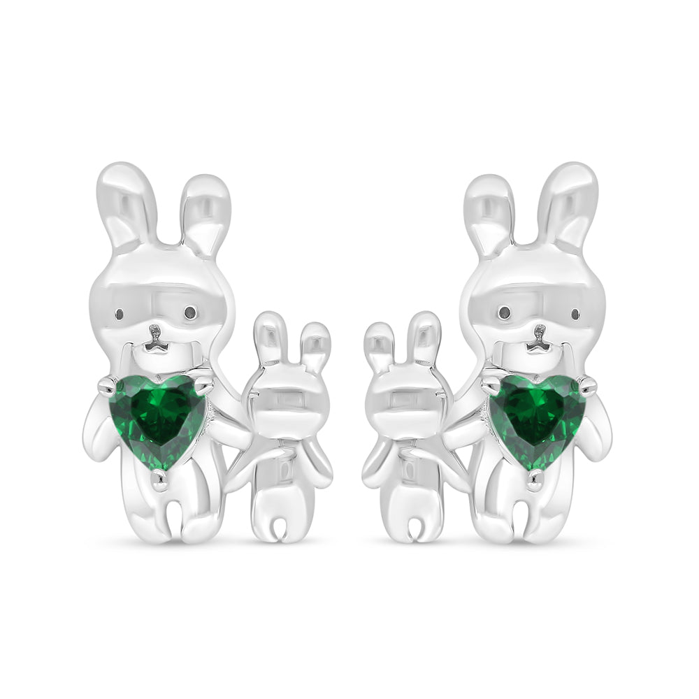 Sterling Silver 925 Earring Rhodium Plated Embedded With Emerald Zircon