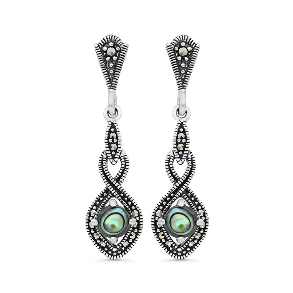Sterling Silver 925 Earring Embedded With Natural Blue Shell And Marcasite Stones