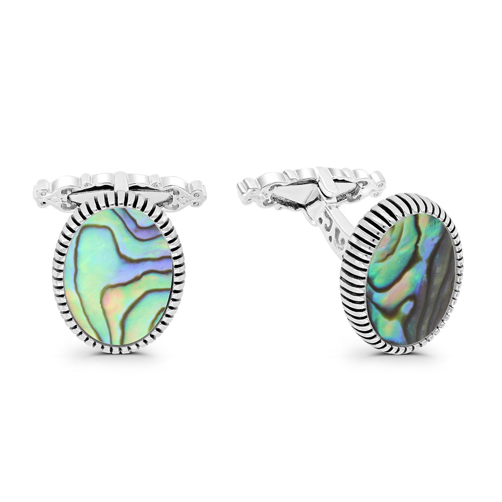 Sterling Silver 925 Cufflink Rhodium And Black Plated Embedded With Blue Shell