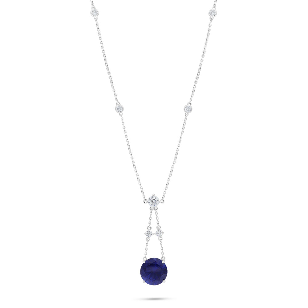 Sterling Silver 925 Necklace Rhodium Plated Embedded With Sapphire Corundum And White Zircon