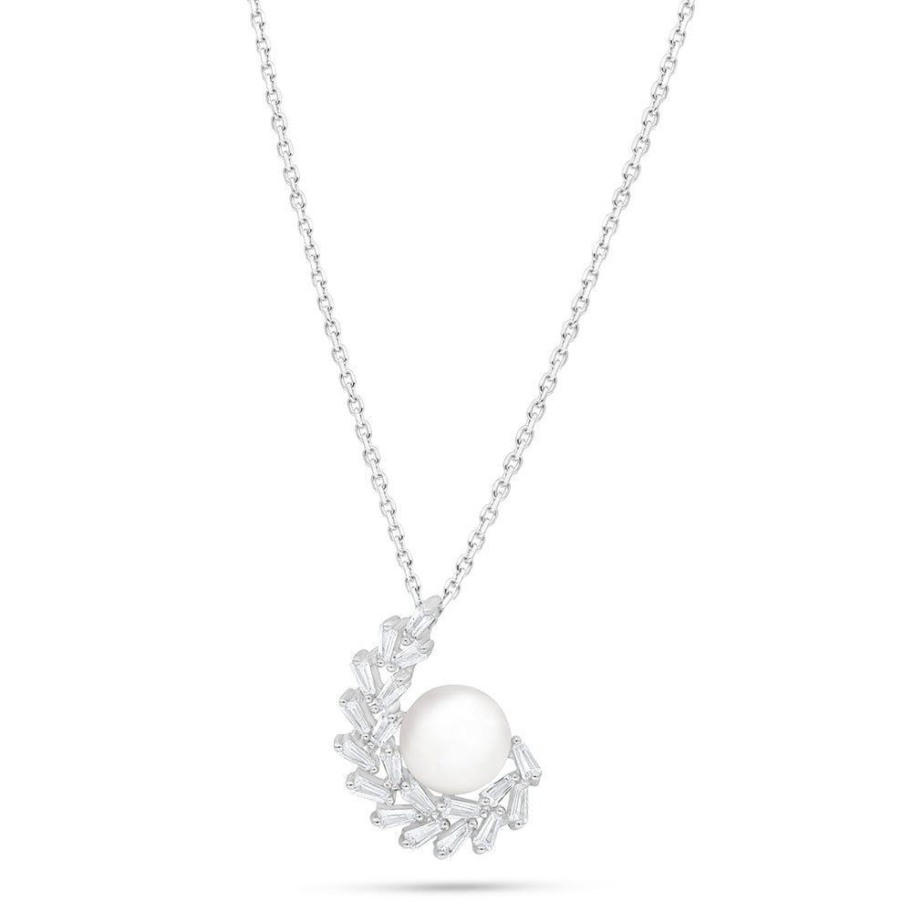 Sterling Silver 925 Necklace Rhodium Plated Embedded With Natural White Pearl And White Zircon
