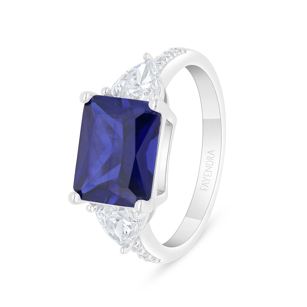 Sterling Silver 925 Ring Rhodium Plated Embedded With Sapphire Corundum And White Zircon