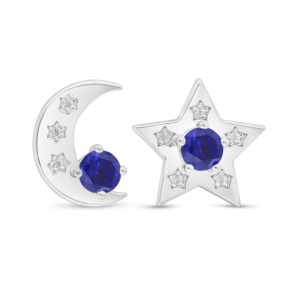 Sterling Silver 925 Earring Rhodium Plated Embedded With Sapphire Corundum And White Zircon