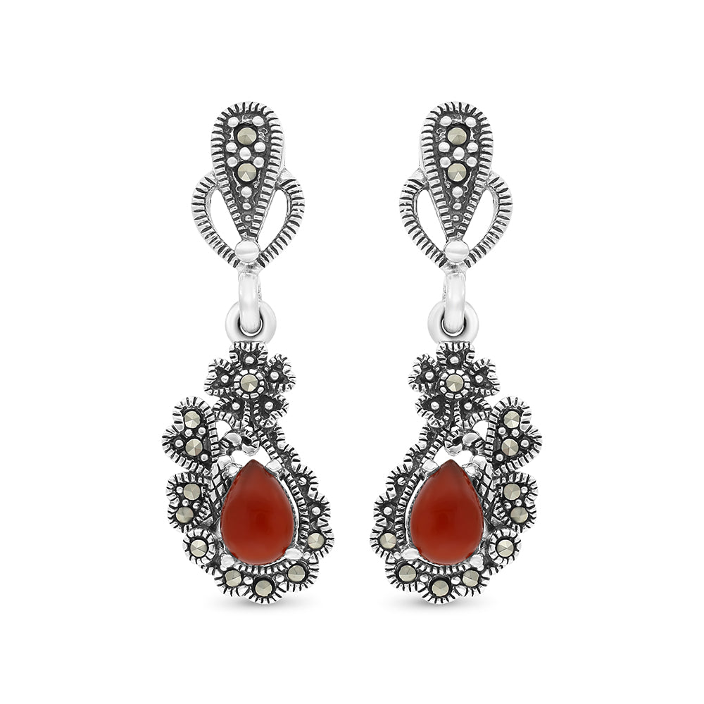 Sterling Silver 925 Earring Embedded With Natural Aqiq And Marcasite Stones