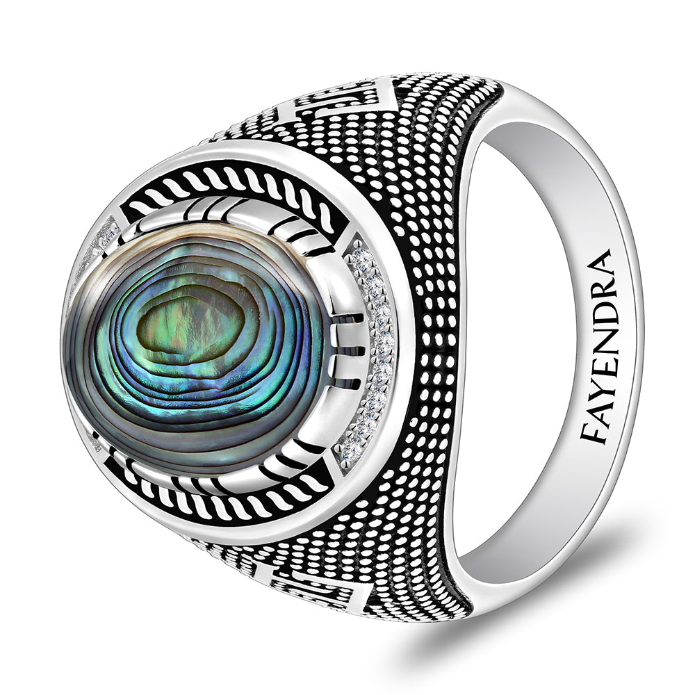 خاتم رجالي من الفضة الخالصة عيار 925 مطلي روديوم و اسود مرصع احجار صدف استرالي كابشون و فص ابيض