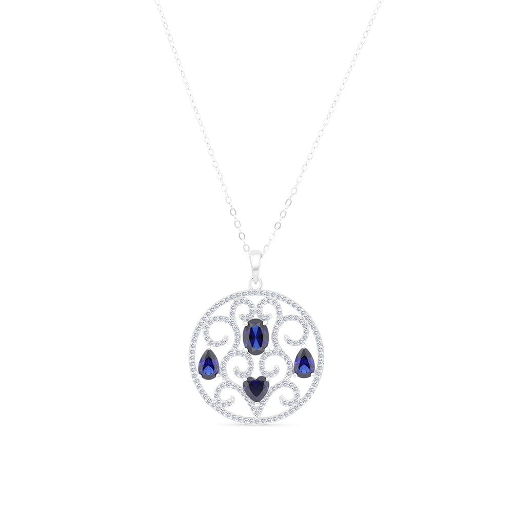 Sterling Silver 925 Necklace Rhodium Plated Embedded With Sapphire CorundumAnd White CZ