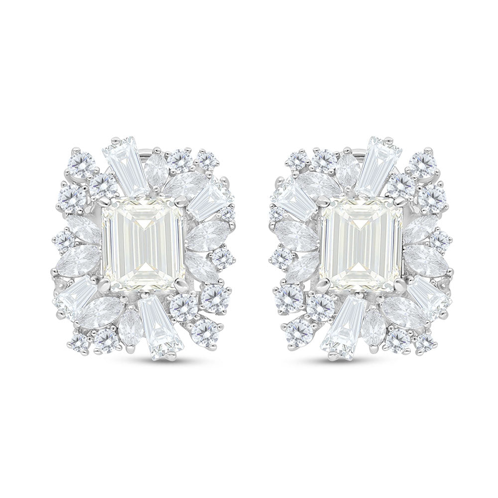 Sterling Silver 925 Earring Rhodium Plated Embedded With Yellow Diamond And White Zircon
