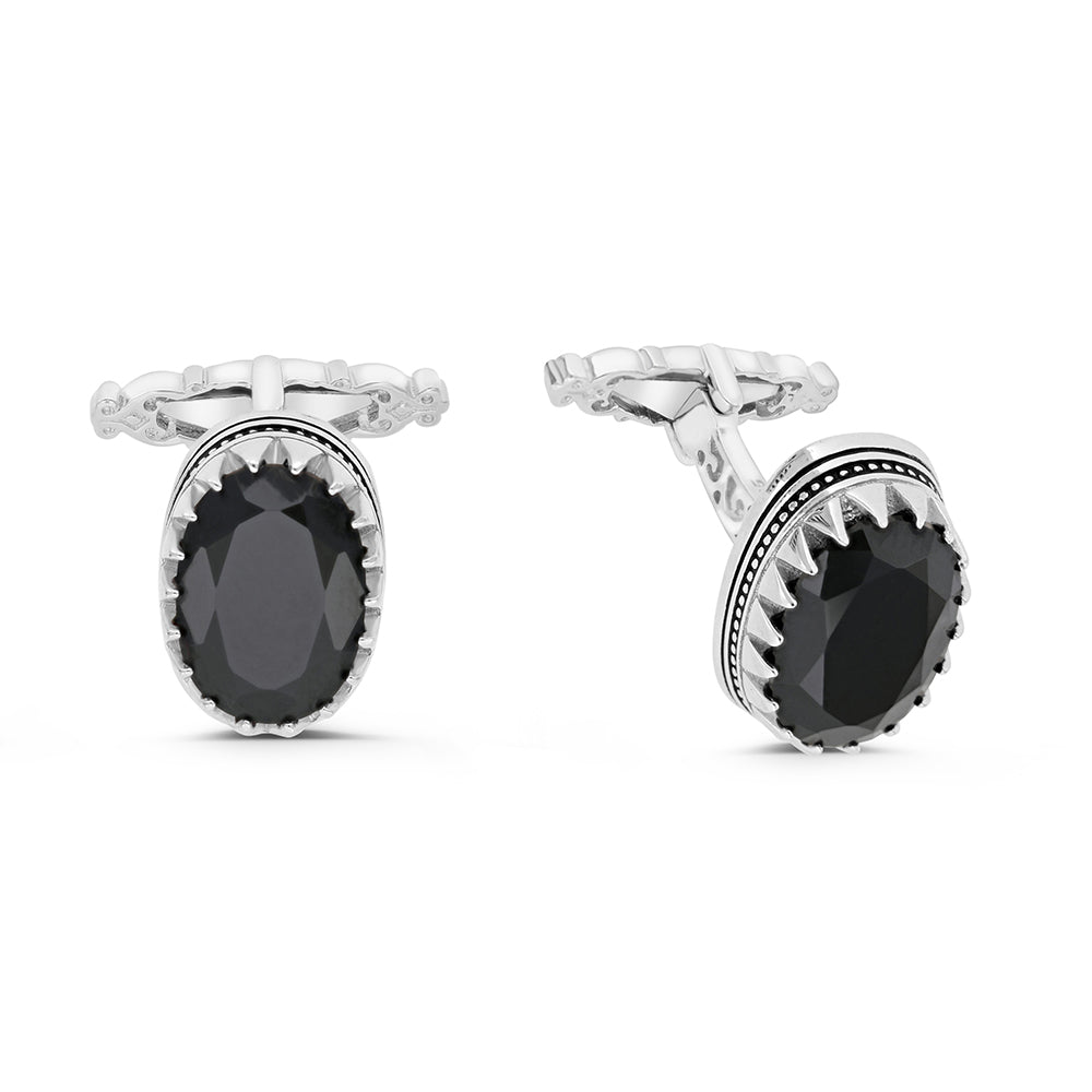 Sterling Silver 925 Cufflink Rhodium And Black Plated Embedded With Black Spinal Stone