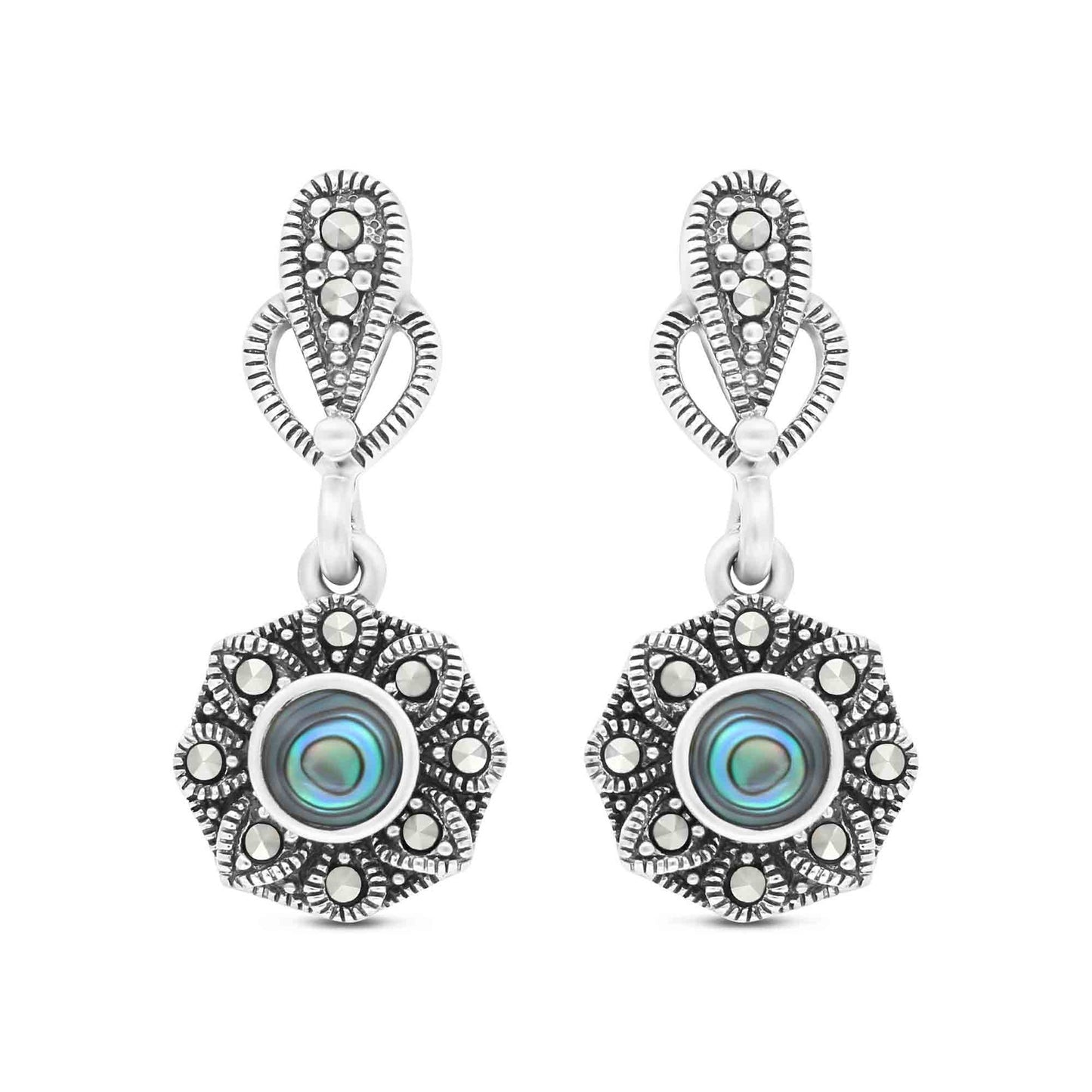 Sterling Silver 925 Earring Embedded With Natural Blue Shell And Marcasite Stones