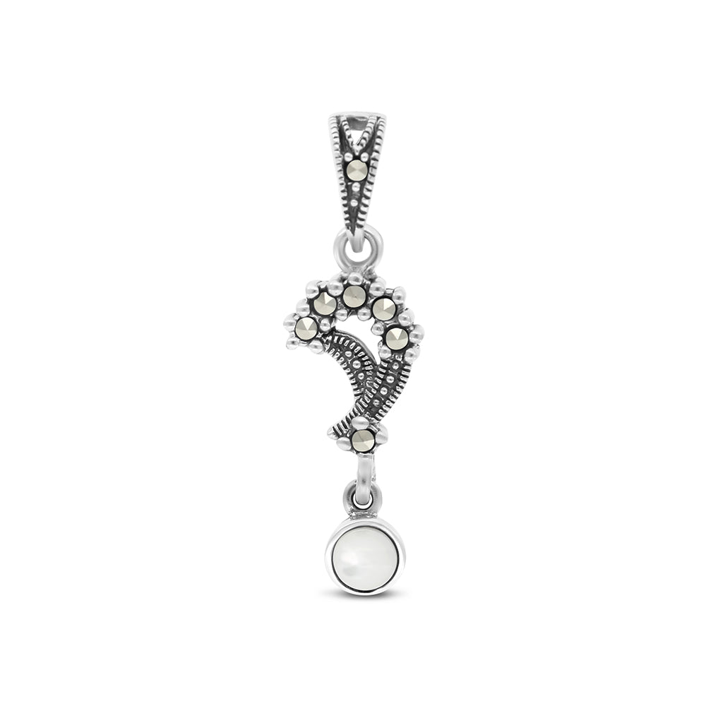 Sterling Silver 925 Pendant Embedded With Natural White Shell And Marcasite Stones
