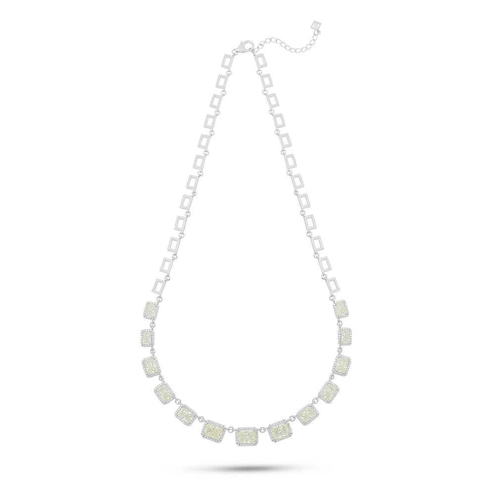 Sterling Silver 925 Necklace Rhodium Plated Embedded With Yellow Diamond And White Zircon