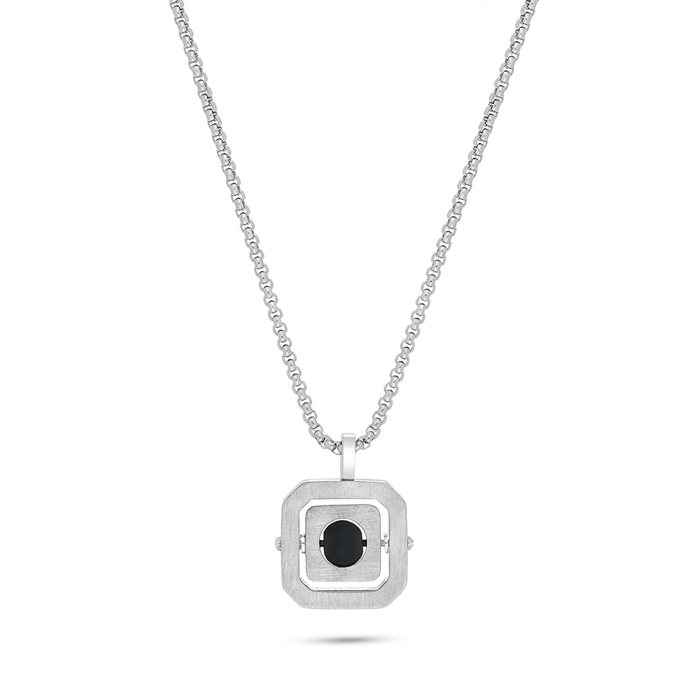 Stainless Steel 316L Necklace, Silver Color Embedded With Black Agate For Men
