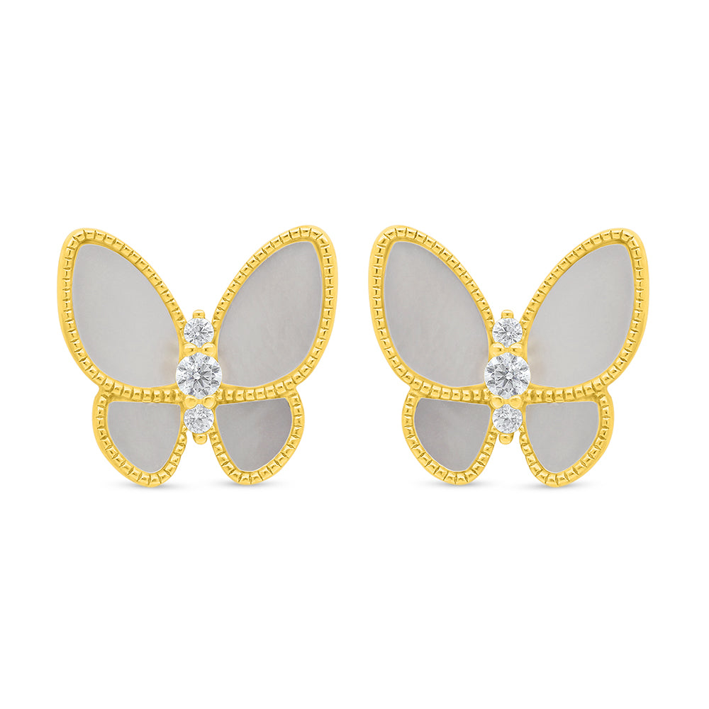 Sterling Silver 925 Earring Golden Plated Embedded With Pink shell And White Zircon