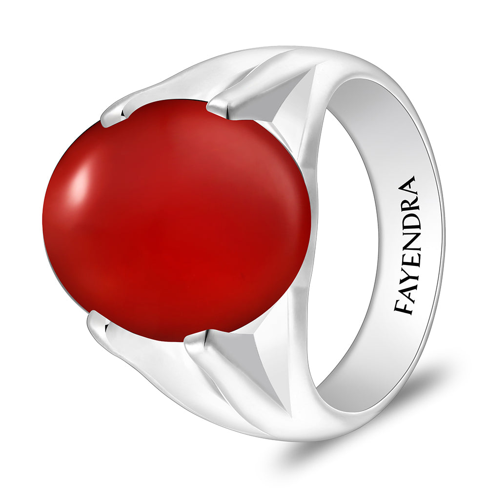 Sterling Silver 925 Ring Rhodium Plated Embedded With Red Agate Cabochon For Men