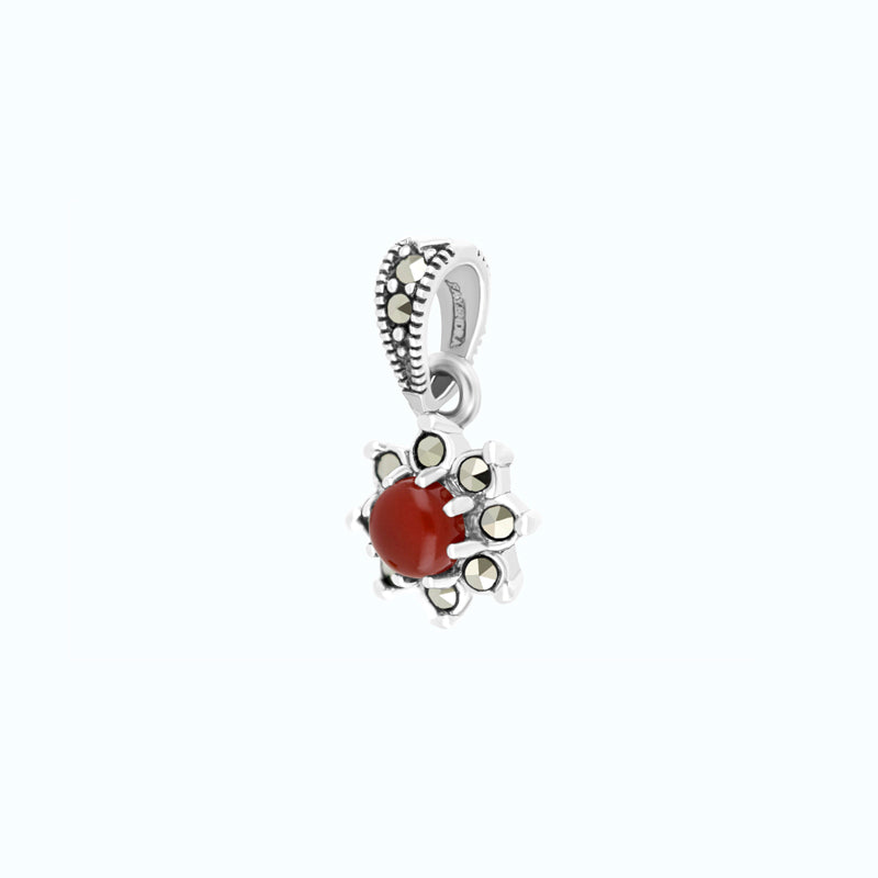 Sterling Silver 925 Pendant Embedded With Natural Aqiq And Marcasite Stones