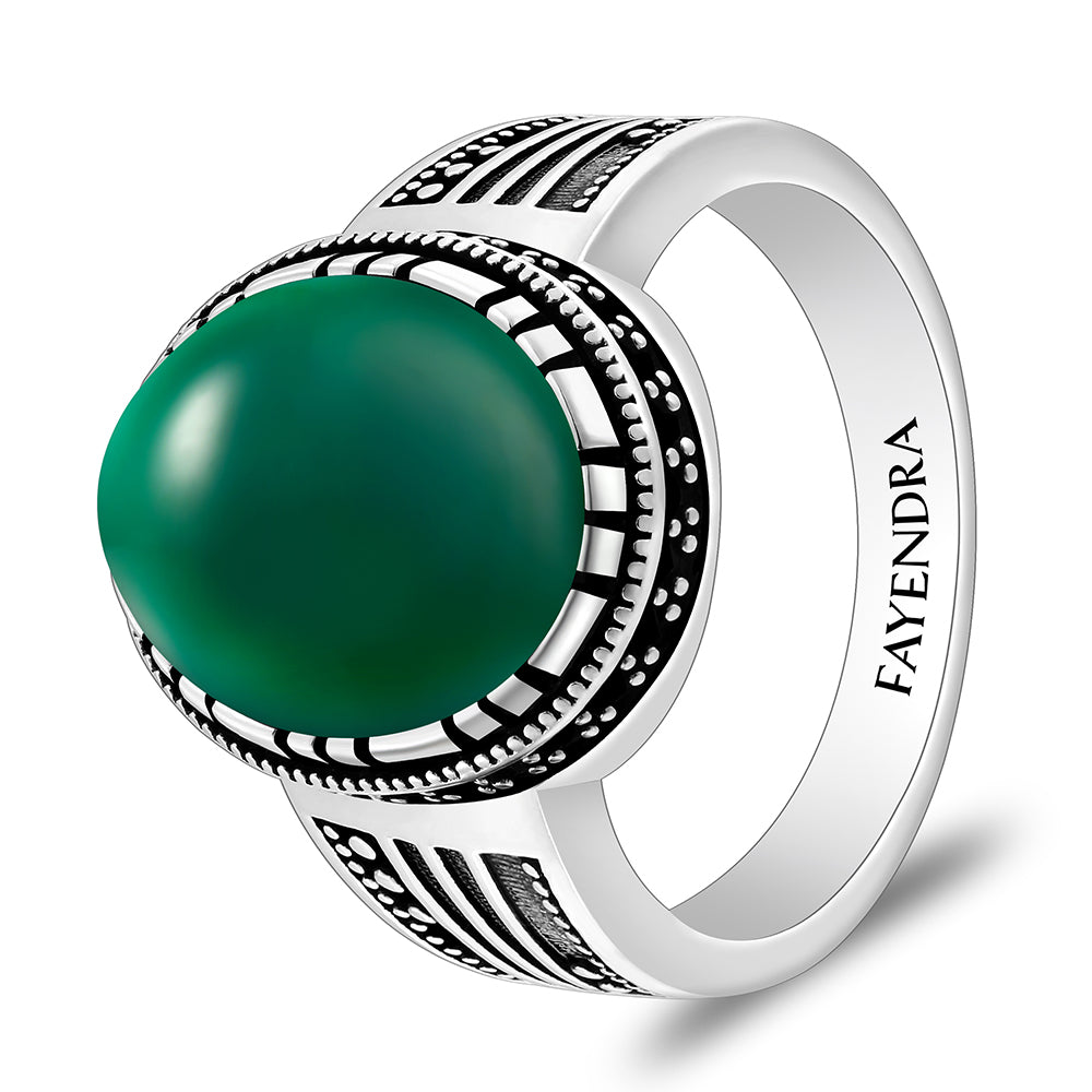 خاتم رجالي من الفضة الخالصة عيار 925 مطلي روديوم و اسود مرصع احجار عقيق جاد اخضر كابشون