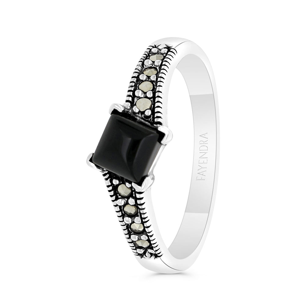Sterling Silver 925 Ring Embedded With Natural Black Agate And Marcasite Stones