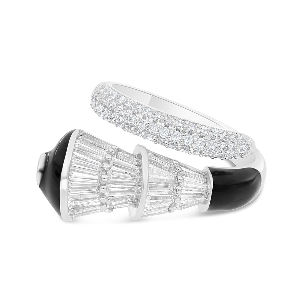 Sterling Silver 925 Ring Rhodium Plated Embedded With Black Enamel And White Zircon