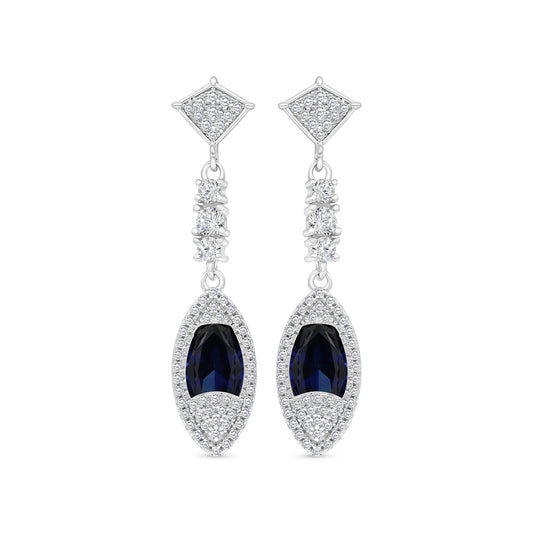 Sterling Silver 925 Earring Rhodium Plated Embedded With Sapphire Corundum And White CZ