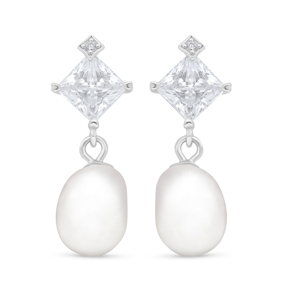 اقراط من الفضة الخالصة عيار 925 مطلي روديوم مرصع لولو ابيض طبيعي و فص ابيض