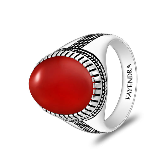 خاتم رجالي من الفضة الخالصة عيار 925 مطلي روديوم و اسود مرصع عقيق احمر كابشون