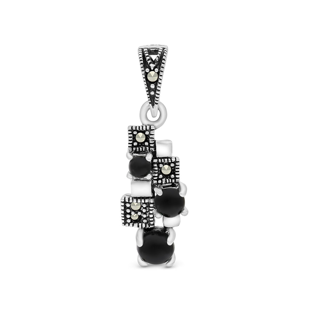 Sterling Silver 925 Pendant Embedded With Natural Black Agate And Marcasite Stones