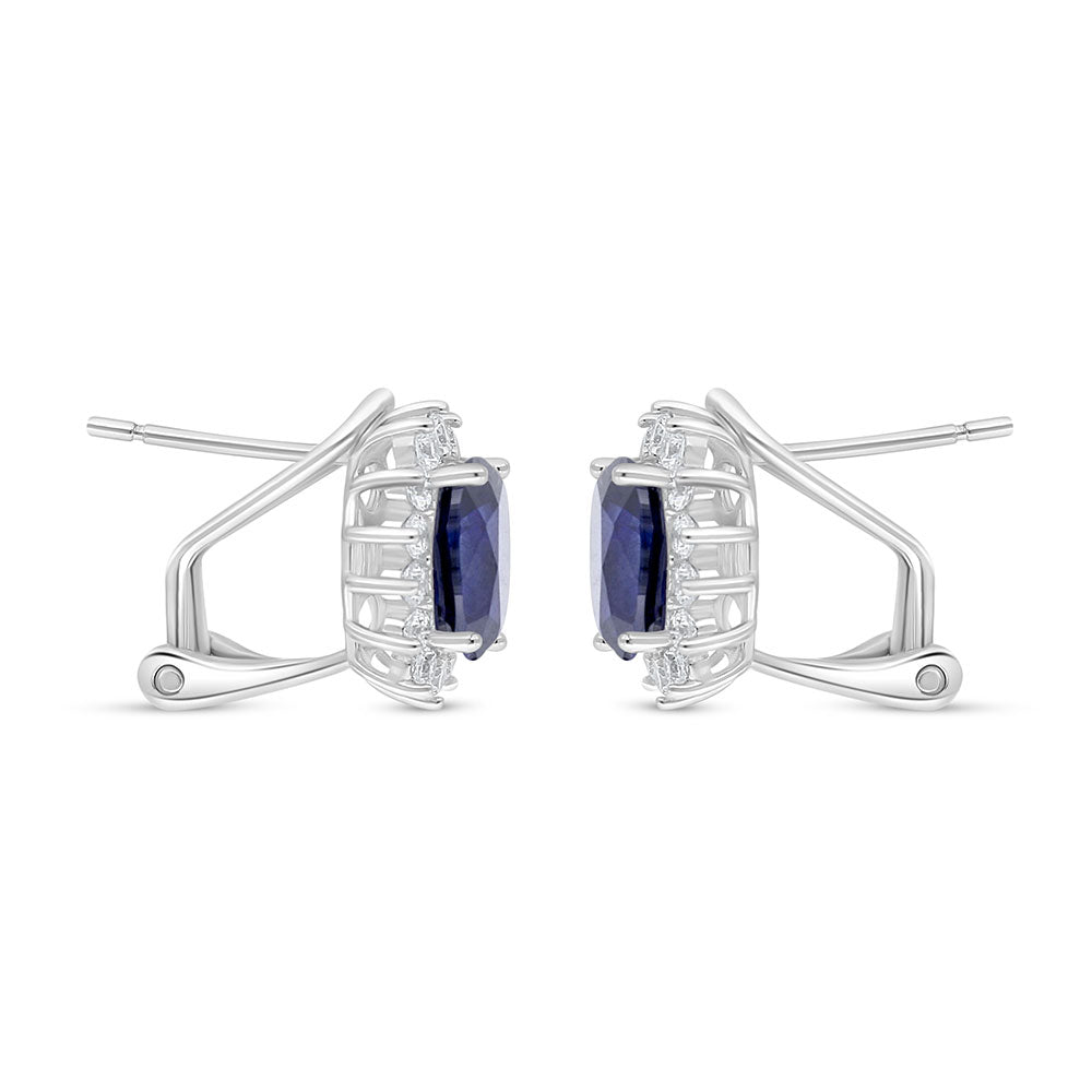 Sterling Silver 925 Earring Rhodium Plated Embedded With Sapphire Corundum And White Zircon