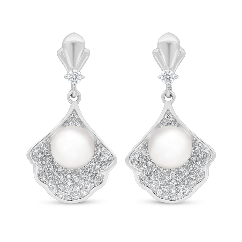 Sterling Silver 925 Earring Rhodium Plated Embedded With Natural White Pearl And White Zircon