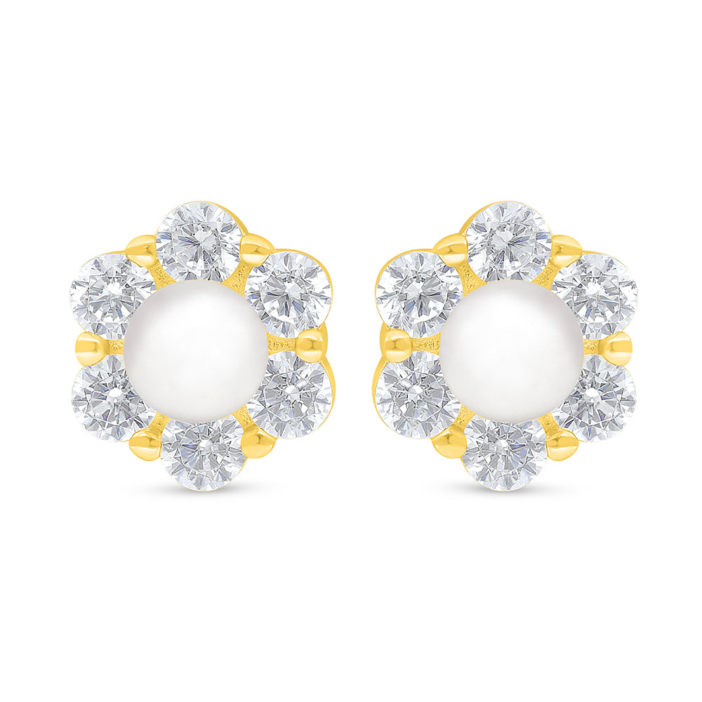 Sterling Silver 925 Earring Golden Plated Embedded With Natural White Pearl And White Zircon